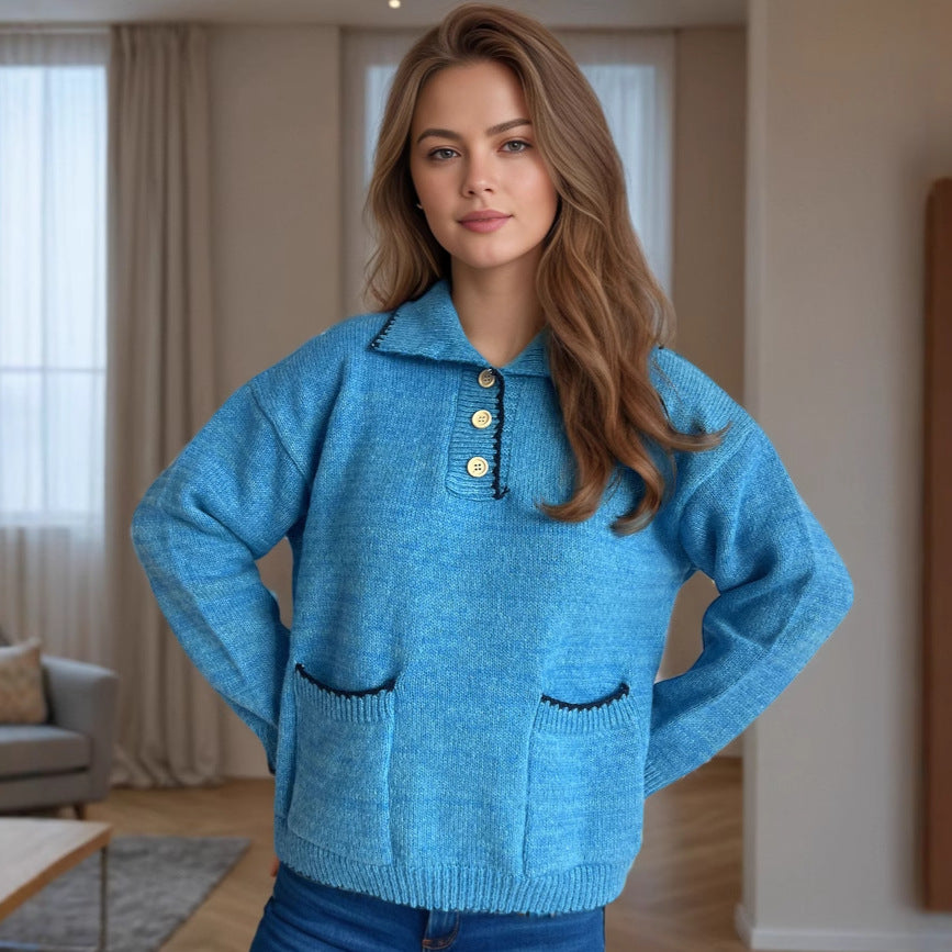 Damen Pullover mit kontrastierendem Kragen und dekorativen Knöpfen R&B