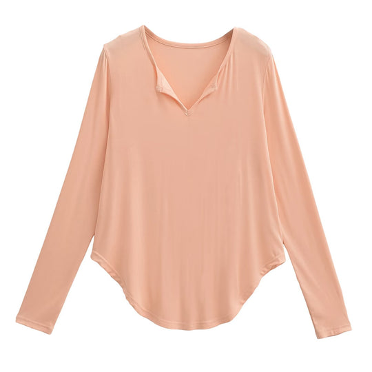 Damen lässiges Longsleeve-Oberteil mit V-Ausschnitt und geschwungenem Saum R&B