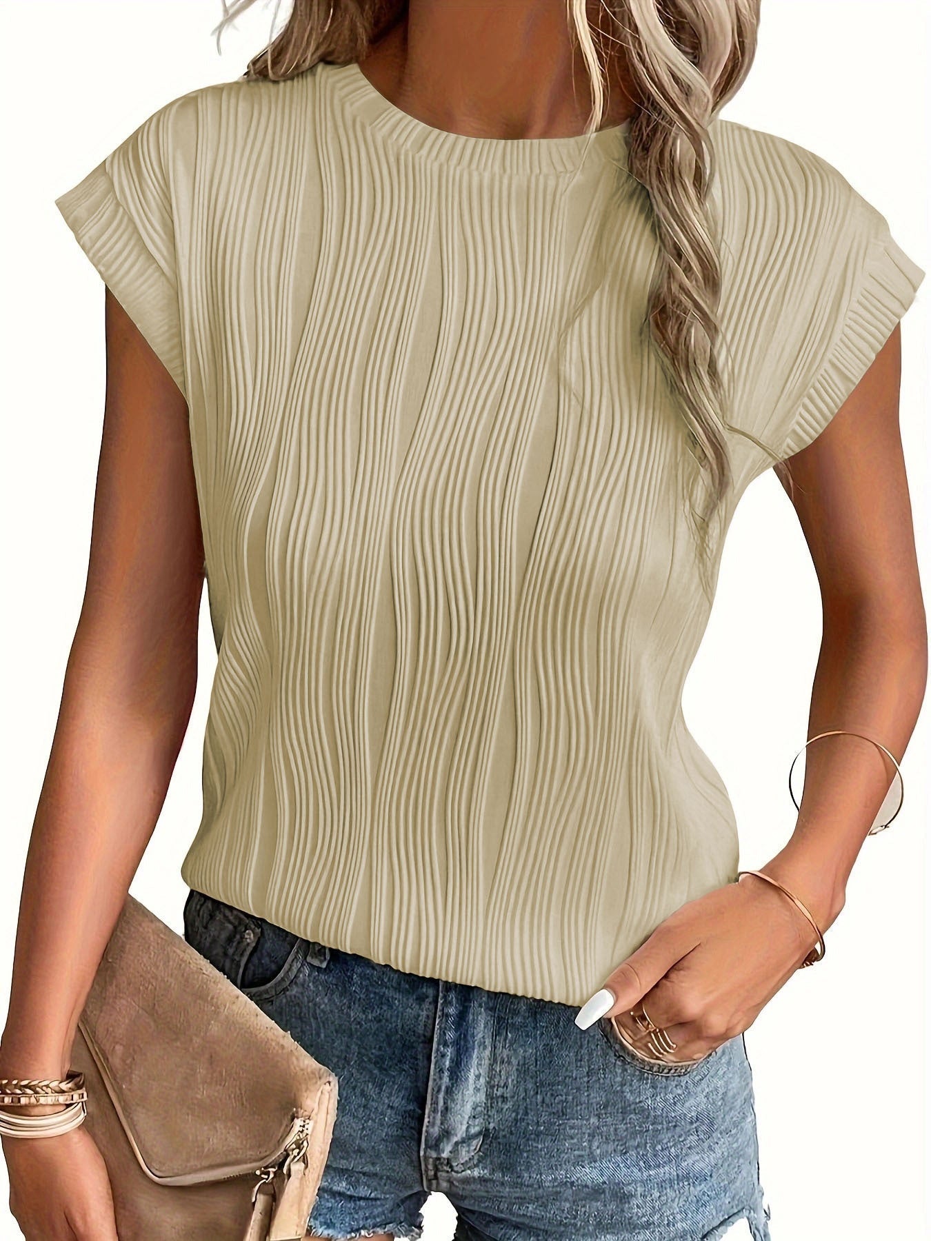Damen Elegantes Oberteil mit strukturiertem Wellenmuster und elastischem Saum R&B