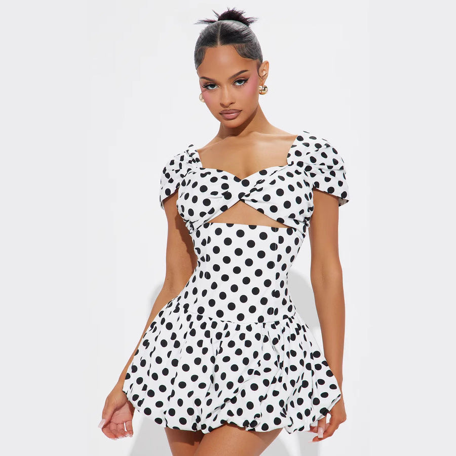 Damen Kurzärmeliges Cocktailkleid mit Puffärmeln und Freizeitausschnitt R&B
