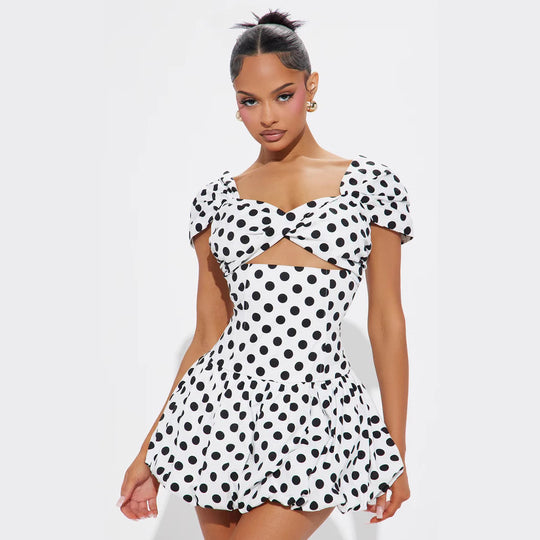 Damen Kurzärmeliges Cocktailkleid mit Puffärmeln und Freizeitausschnitt R&B