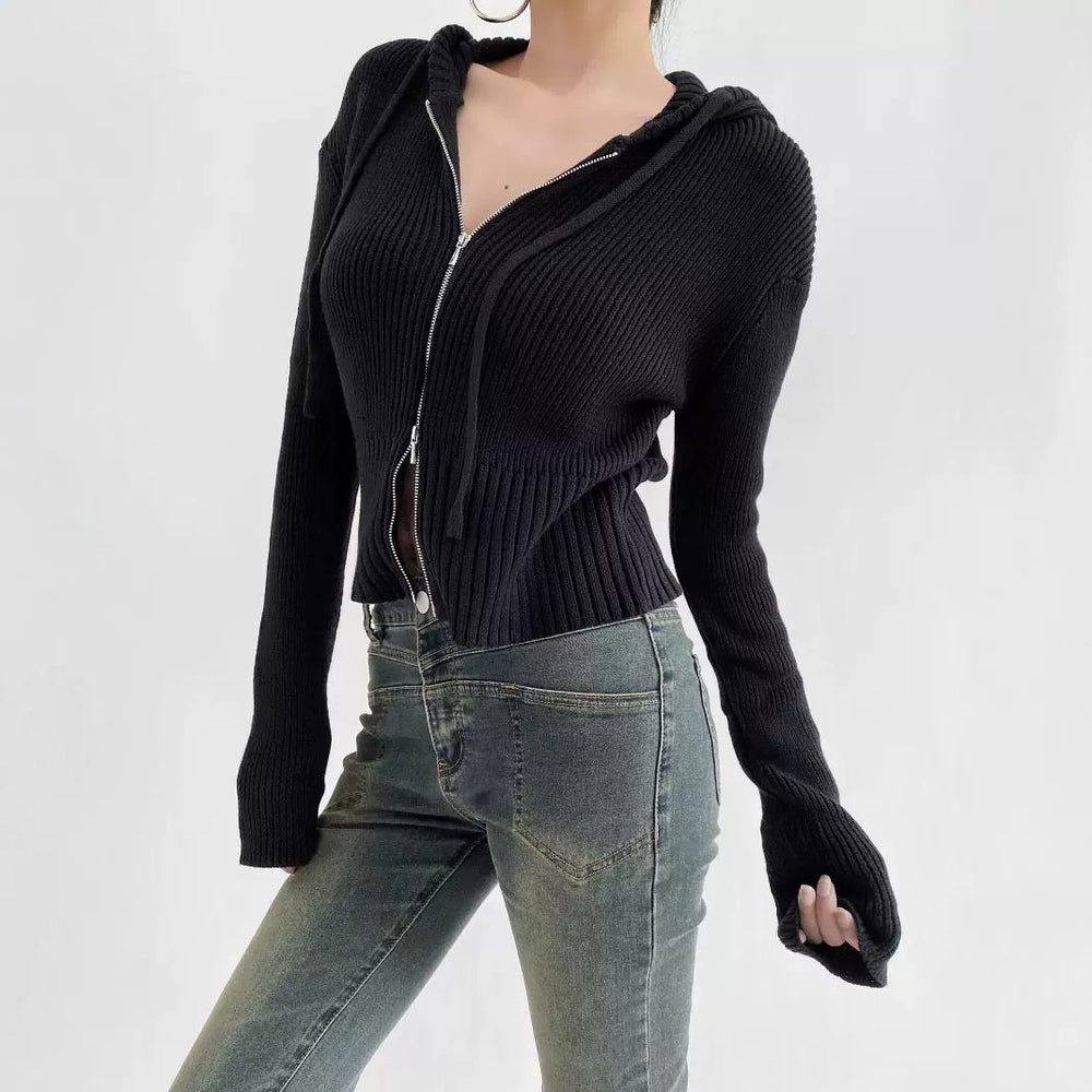 Damen lässiger Strickzipper mit Kapuze R&B