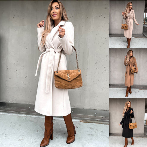 Damen eleganter langärmeliger Wollmantel mit Taillengürtel R&B