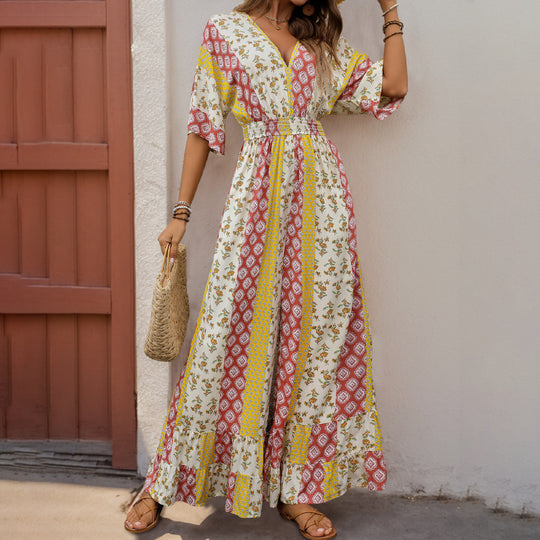 Damen Maxi-Jumpsuit mit floralen Mustern und voluminösen Ärmeln R&B