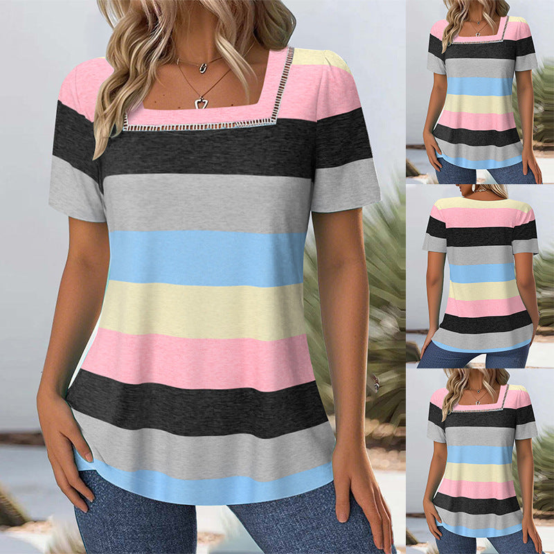 Damen T-Shirt mit modernem Streifenmuster und dekorativem Rundhalsausschnitt R&B