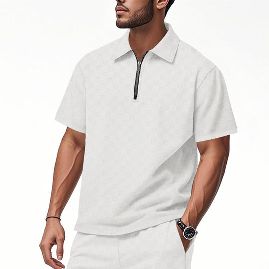 Herren Poloshirt mit halbem Reißverschluss und modernem Karomuster R&B