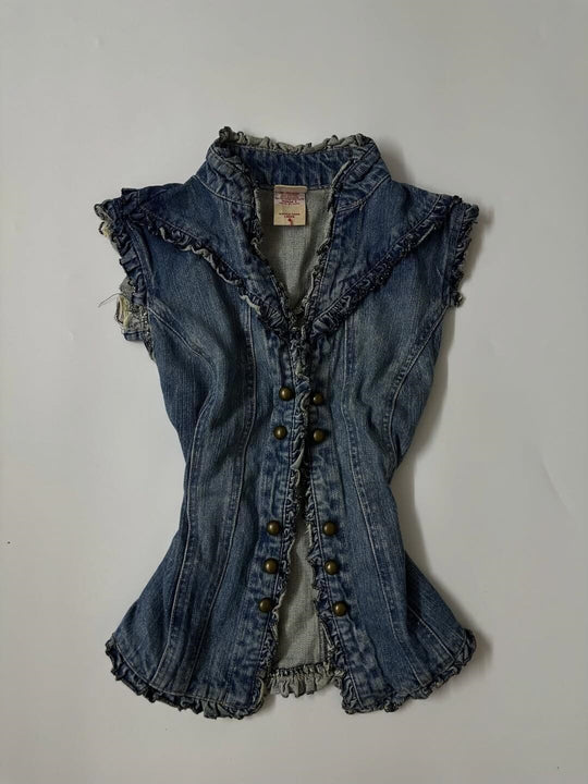Damen Denim-Weste mit verspieltem Rüschendesign R&B