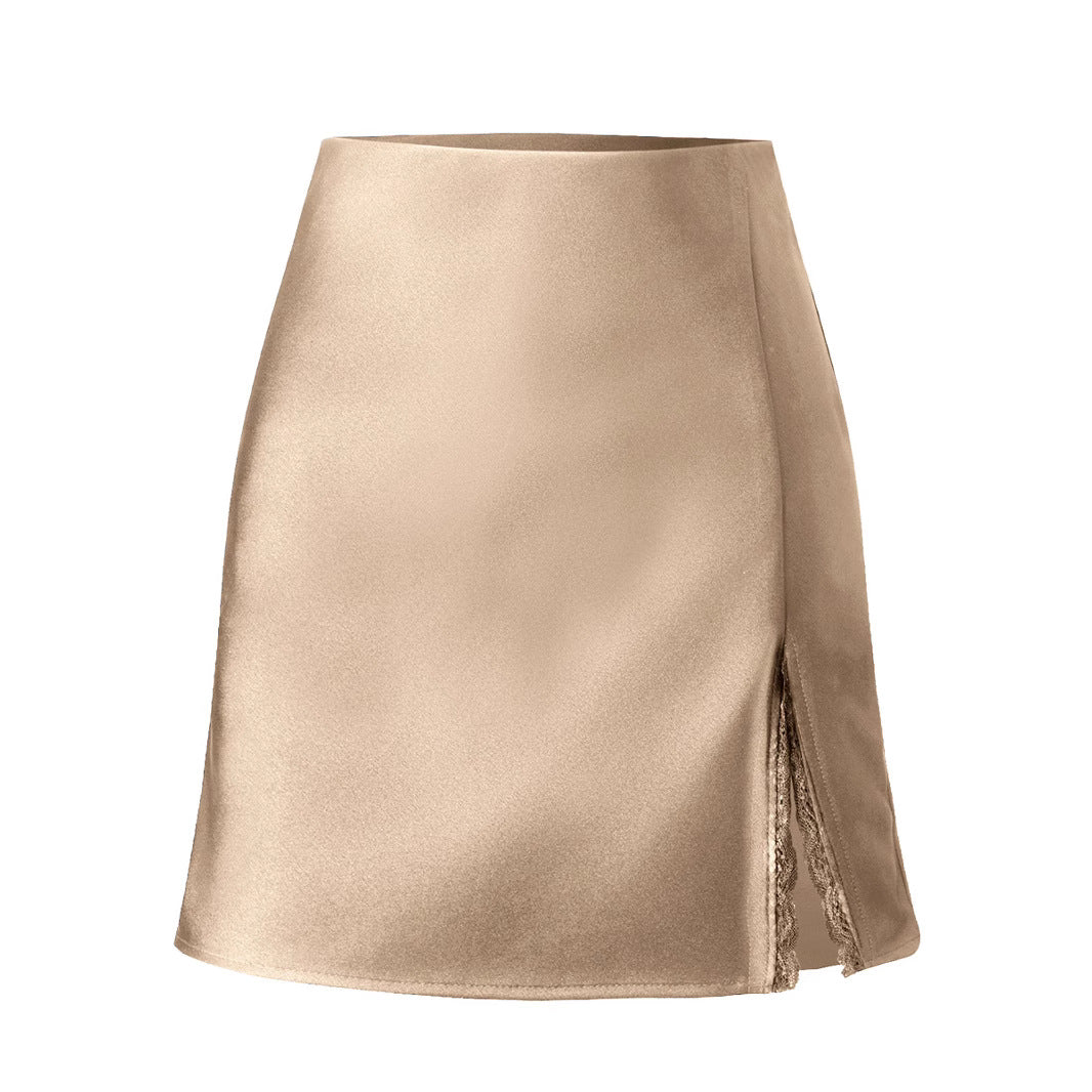Damen Satin-Rock mit seitlichem Schlitz und Spitzenakzenten R&B