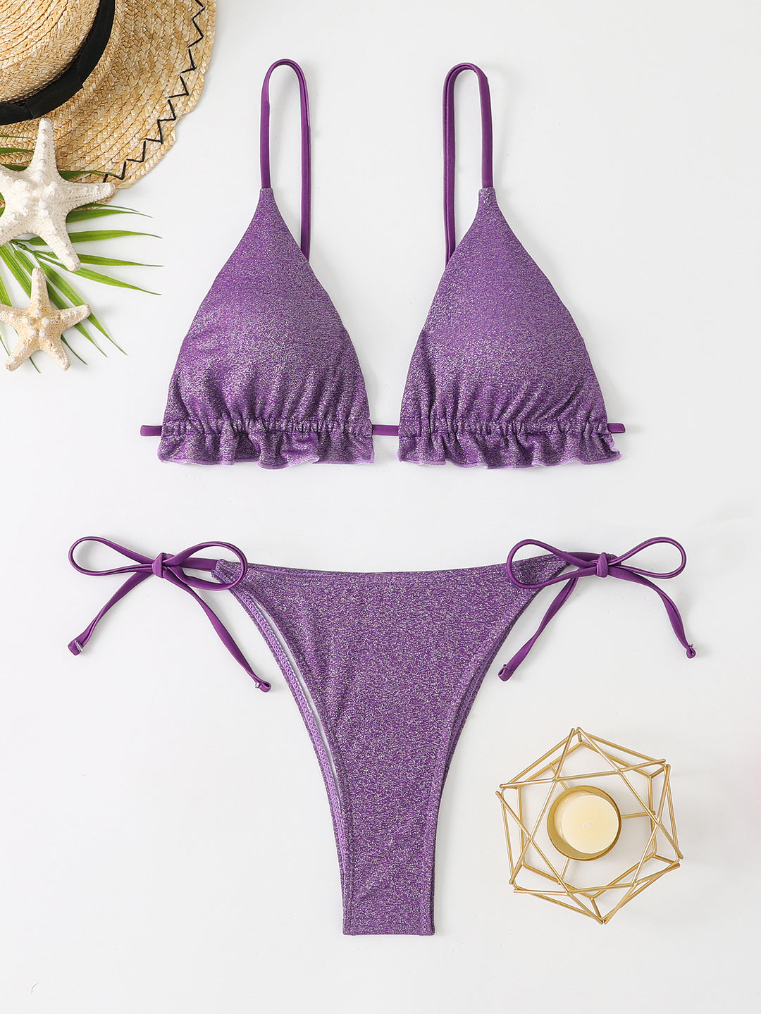 Damen Bikini-Set mit glitzernden Rüschendetails und verstellbaren Trägern R&B