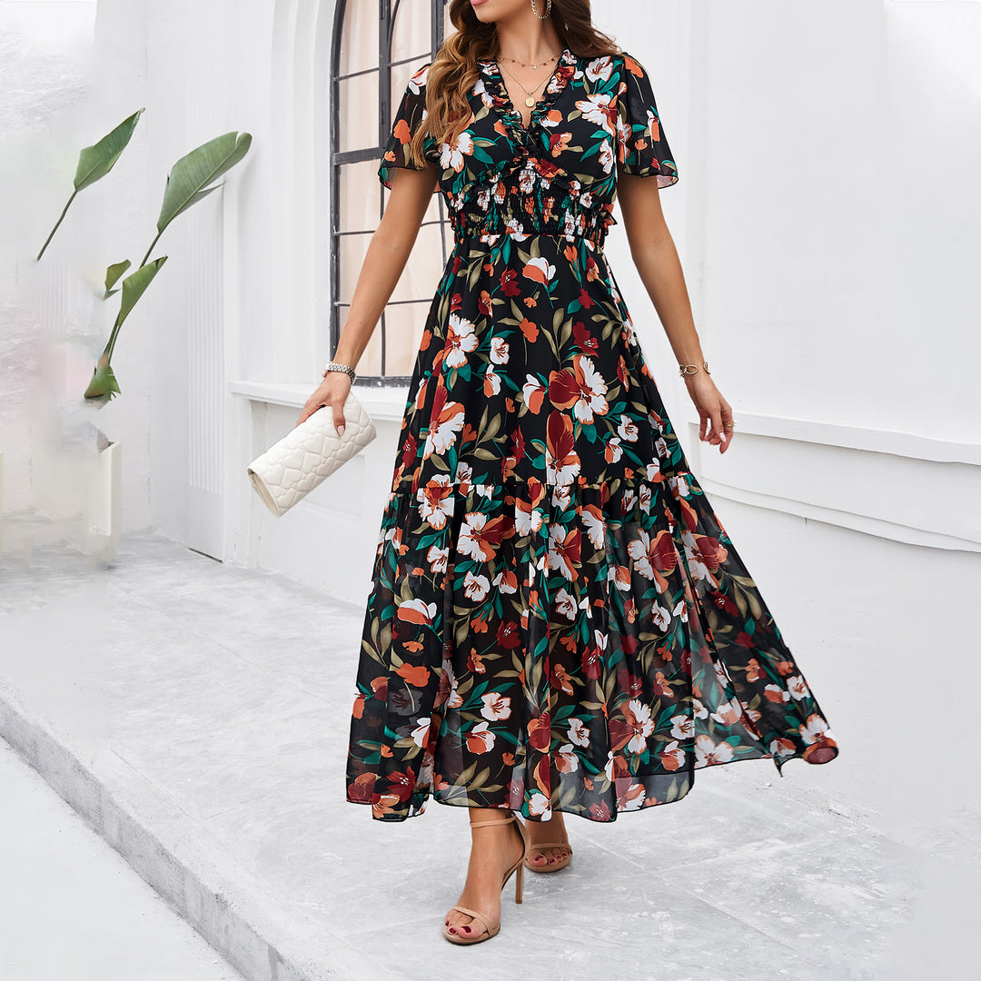 Damen Midi-Kleid mit floraler Raffung und elegantem V-Ausschnitt R&B