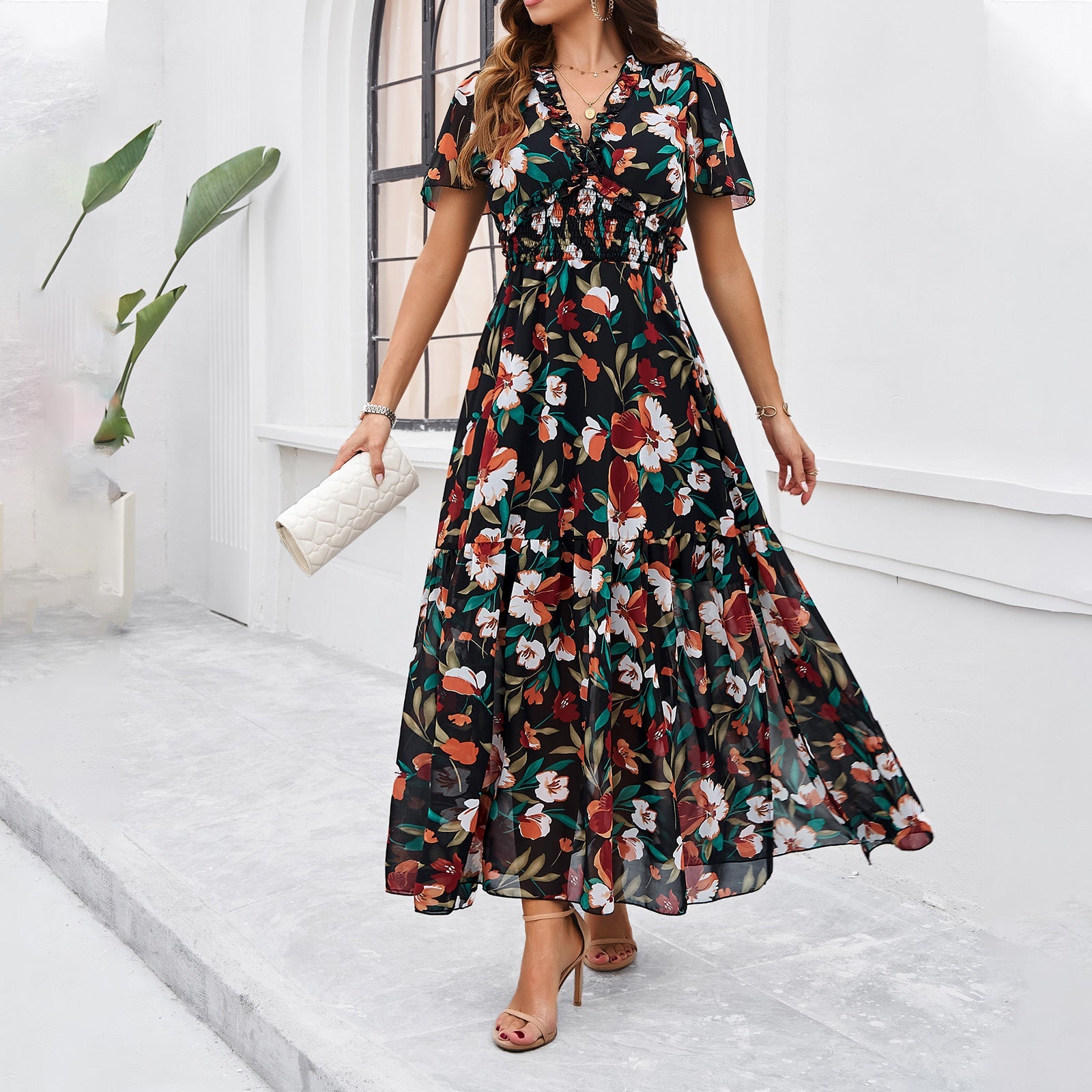 Damen Midi-Kleid mit floraler Raffung und elegantem V-Ausschnitt R&B
