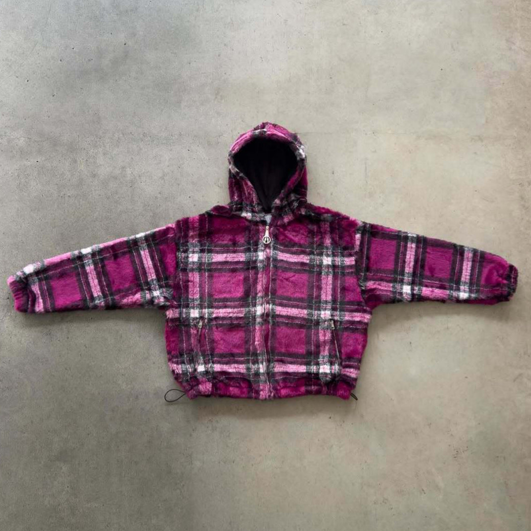 Unisex nan gefütterte Plaid-Fleece-Bomberjacke mit Kapuze Kordelzug und Reißverschlusstaschen R&B