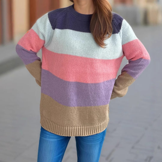 Damen lässiger Strickpullover mit bunten Blockstreifen und weitem Schnitt R&B