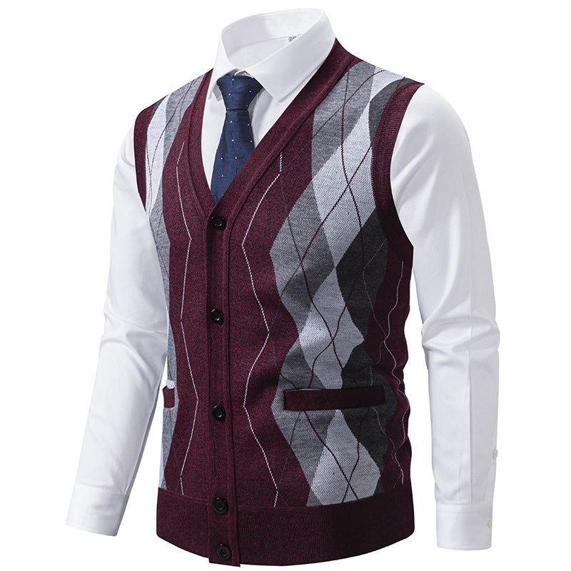 Herren elegante Strickweste mit klassischem Rautenmuster und praktischen Taschen R&B