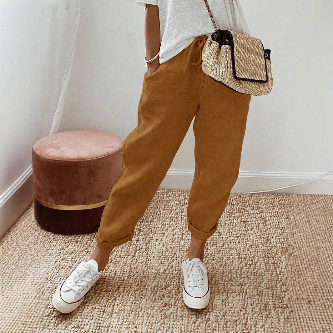 Damen Leichte und bequeme Leinenhose mit Kordelzug R&B