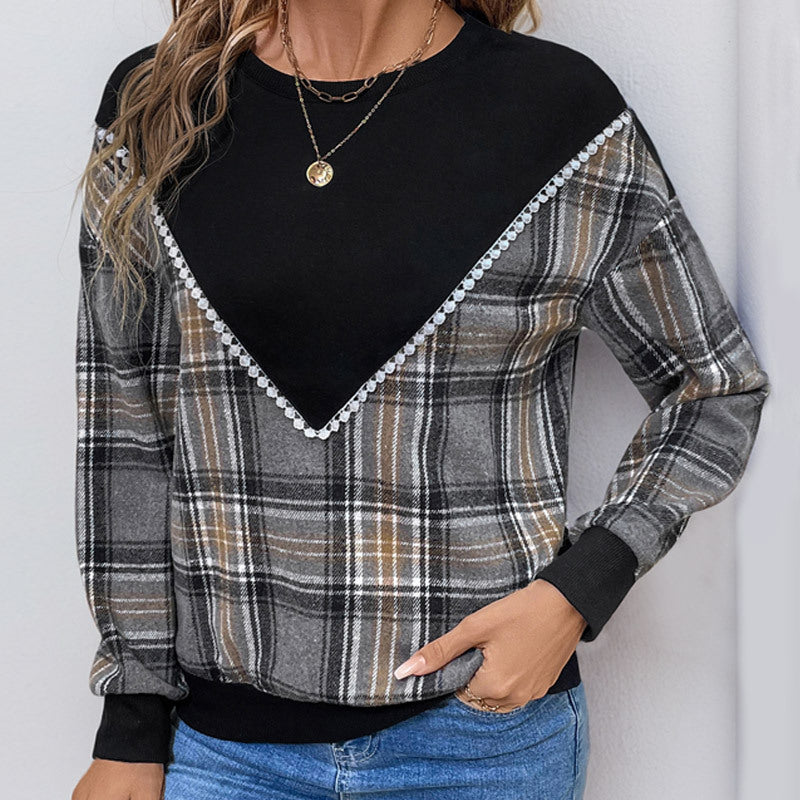 Damen bequemer Karopullover mit dekorativem V-Ausschnitt und elastischen Bündchen R&B