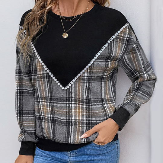 Damen bequemer Karopullover mit dekorativem V-Ausschnitt und elastischen Bündchen R&B