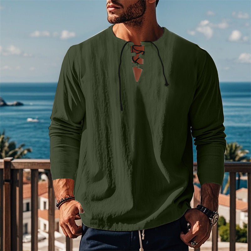 Herren modisches Langarmshirt mit Schnürung und V-Ausschnitt R&B