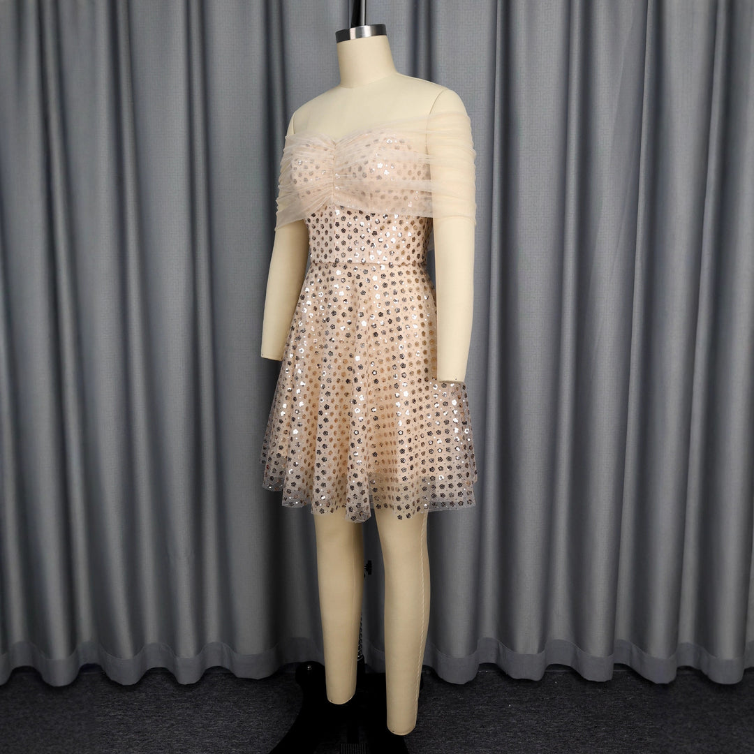Damen Glamouröses Cocktailkleid mit transparentem Tüllüberzug und funkelnden Pailletten R&B
