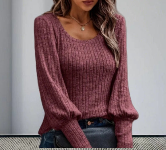 Damen Strickpullover mit Ballonärmeln und feinem Rippmuster R&B