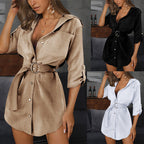 Damen Gürteldes Hemd Kleid mit Knopfleiste