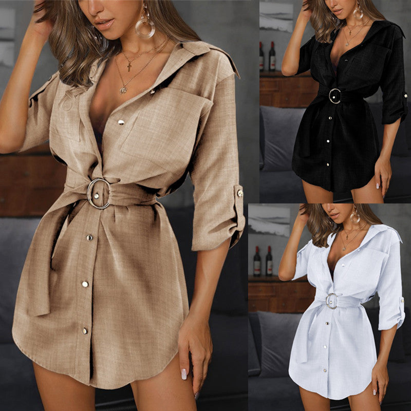 Damen Gürteldes Hemd Kleid mit Knopfleiste