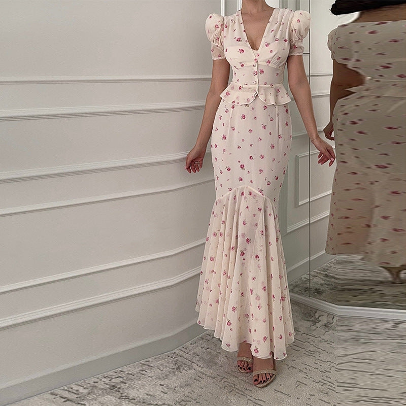 Damen Elegantes Maxikleid mit Puffärmeln und Rüschen R&B