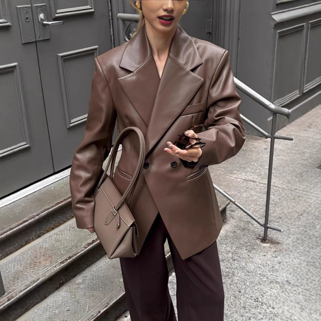 Damen stilvolle Kunstlederblazerjacke mit oversized Schnitt R&B