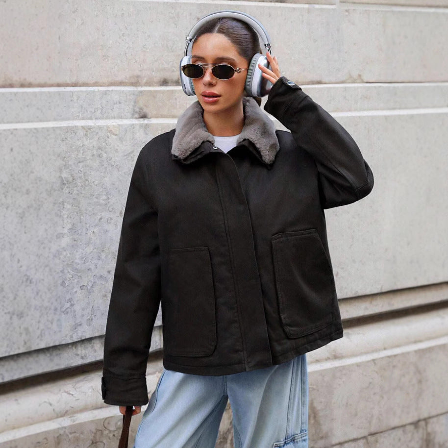 Damen lässige Übergangsjacke mit Kunstfellkragen und praktischen Taschen R&B