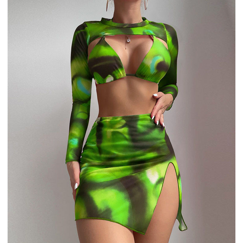 Damen Modisches Crop-Top mit Langen Ärmeln und Hoch sitzendem Rock R&B
