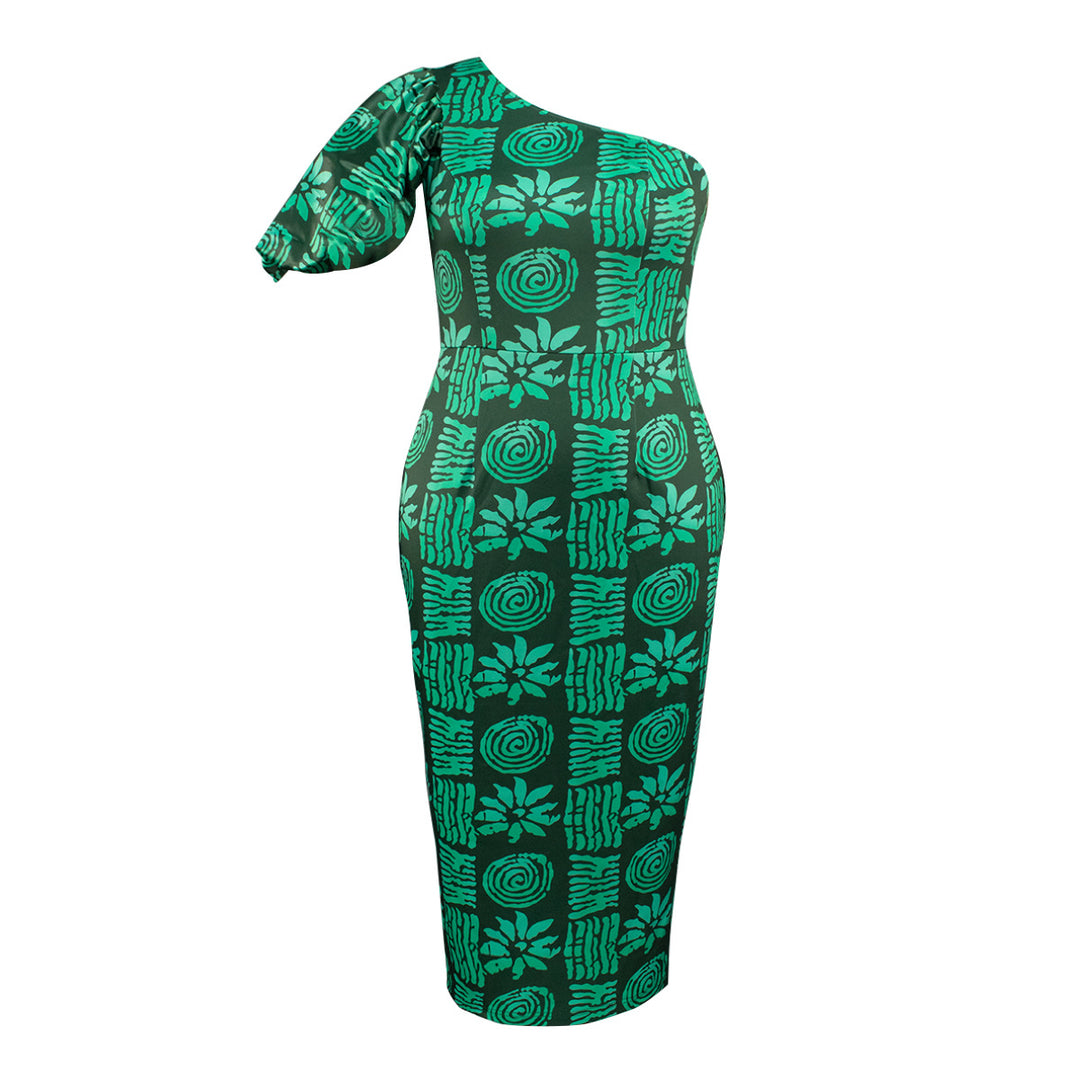Damen asymmetrisches Maxi-Kleid mit einzigartigem Muster und voluminösem Puffärmel R&B