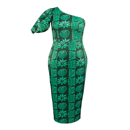 Damen asymmetrisches Maxi-Kleid mit einzigartigem Muster und voluminösem Puffärmel R&B