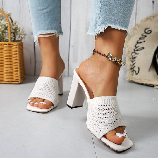Damen nan gestrickte Sommermule mit niedrigem Blockabsatz und quadratischer Zehenform R&B