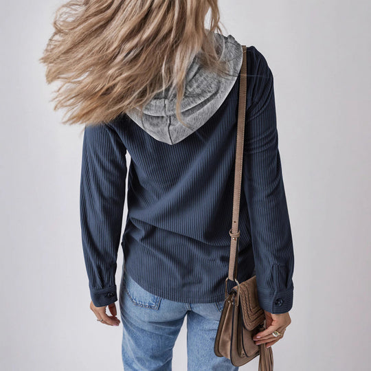 Damen lässige Hemdjacket mit Kapuze und seitlichen Taschen R&B