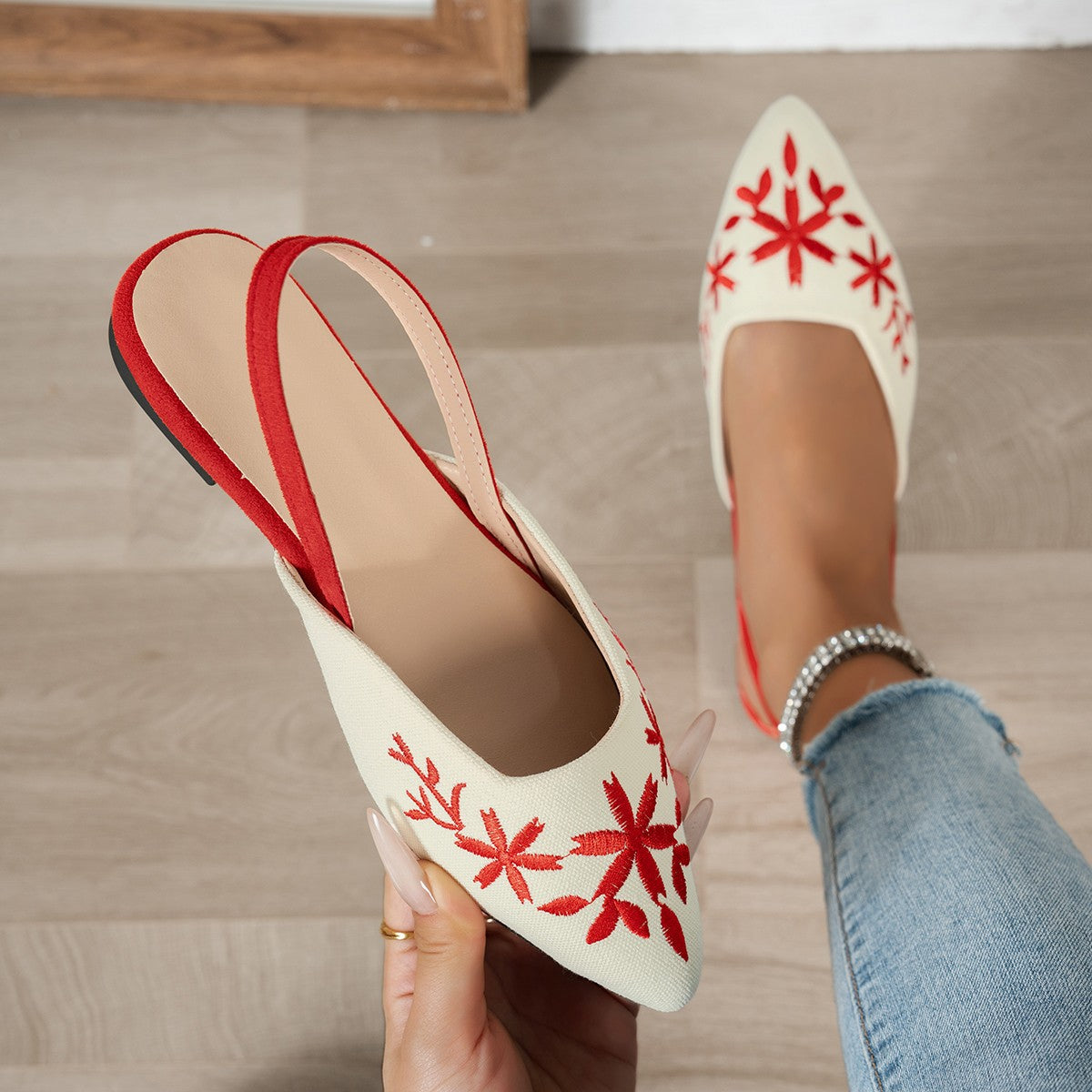 Damen Slingback-Ballerinas mit kunstvoller Stickerei und schickem spitzen Design R&B