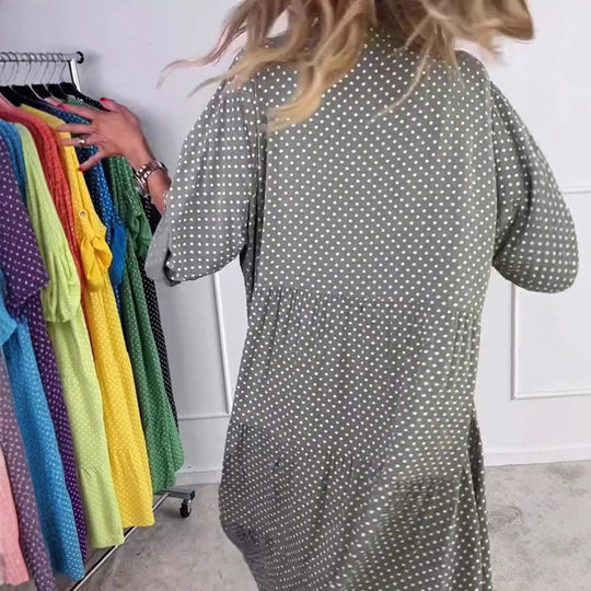 Damen nan leichtes fließendes Midikleid mit Pünktchenmuster, Stufenrock und krempelbaren Ärmeln R&B