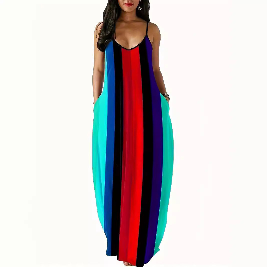 Damen Maxikleid mit tiefem V-Ausschnitt und stilvollem Streifenmuster R&B
