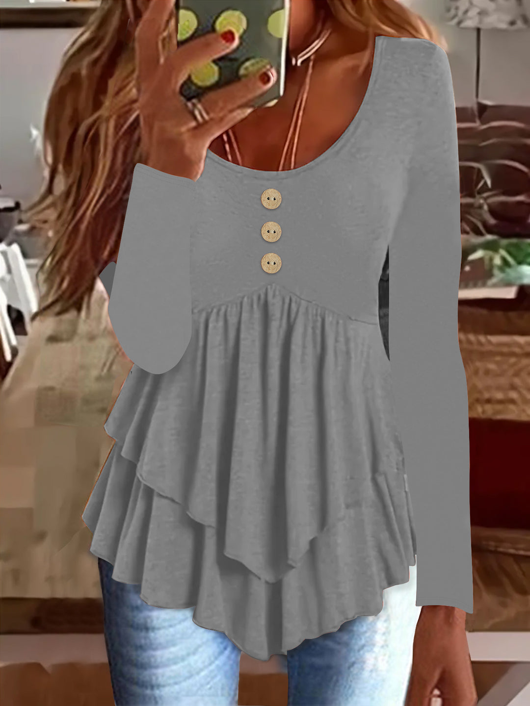 Damen Langarm Blusenshirt mit mehrlagigem Design und dekorativen Knopfdetails R&B