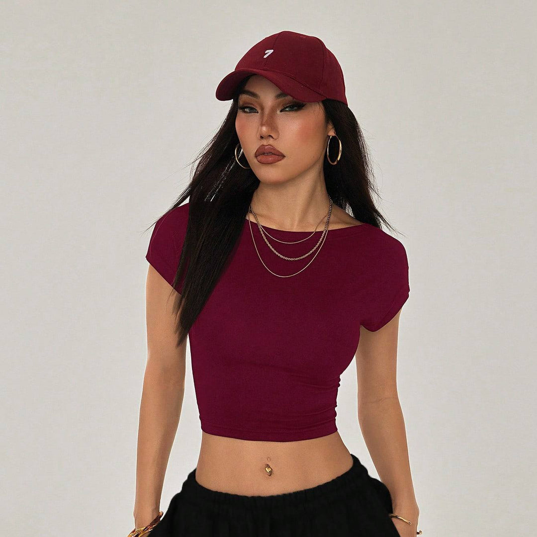 Damen Crop-Top mit breitem Ausschnitt und körperbetontem Schnitt R&B