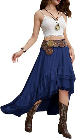 Damen Boho Maxi-Rock mit asymmetrischem Saum und Spitzenverzierungen R&B