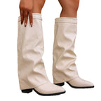 Damen nan kniehohe Slouch-Stiefel mit spitzer Zehenpartie niedrigem Blockabsatz und dekorativem Schaftgurt R&B