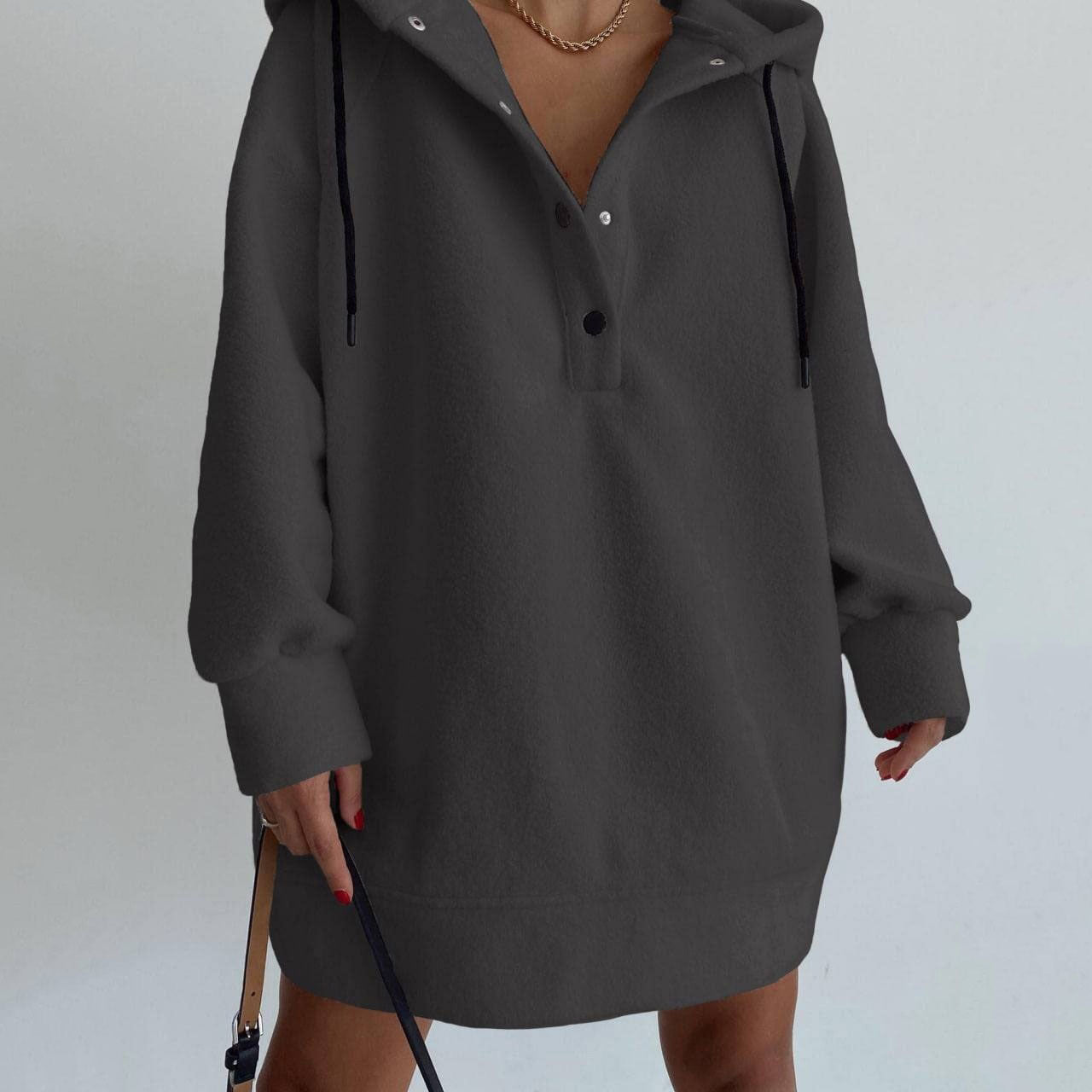 Damen nan kuscheliges Kapuzen-Fleece-Tunika-Sweatshirt mit Druckknopfleiste und überschnittener Schulter R&B