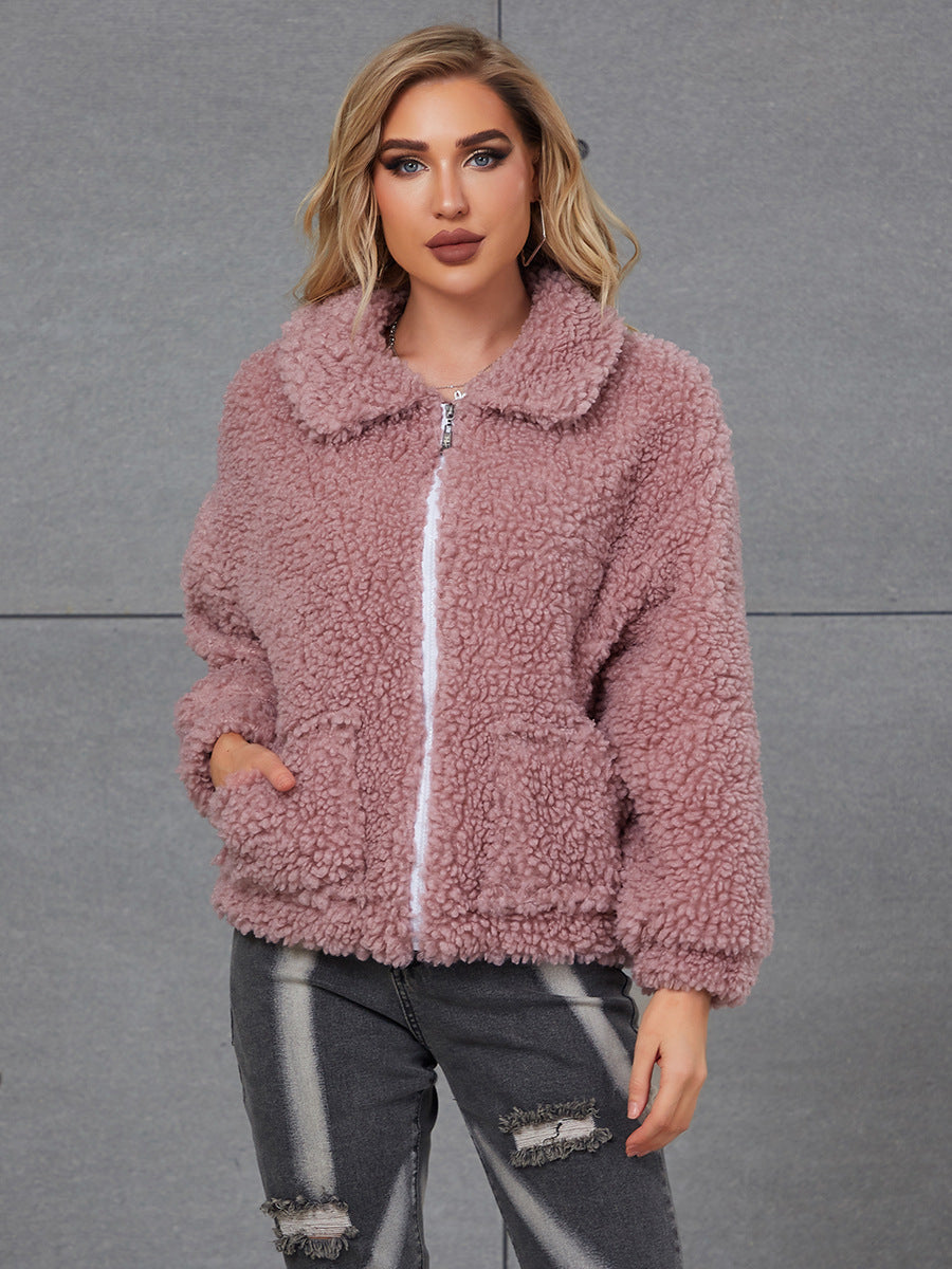 Damen Kuschelige Teddyjacke mit breitem Kragen und seitlichen Taschen R&B