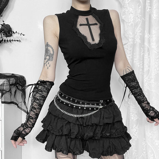 Damen elegantes Oberteil mit transparenten Einsätzen und hohem Kragen R&B