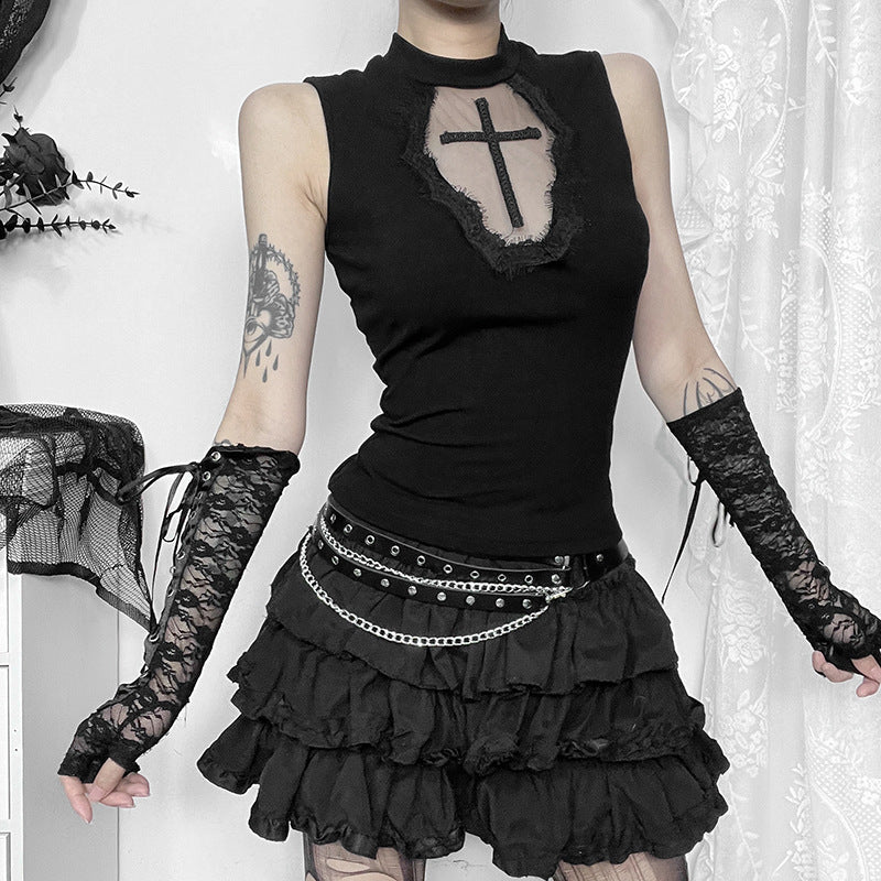 Damen elegantes Oberteil mit transparenten Einsätzen und hohem Kragen R&B