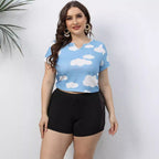 Damen lässiges Cropped T-Shirt mit Wolkenmuster R&B