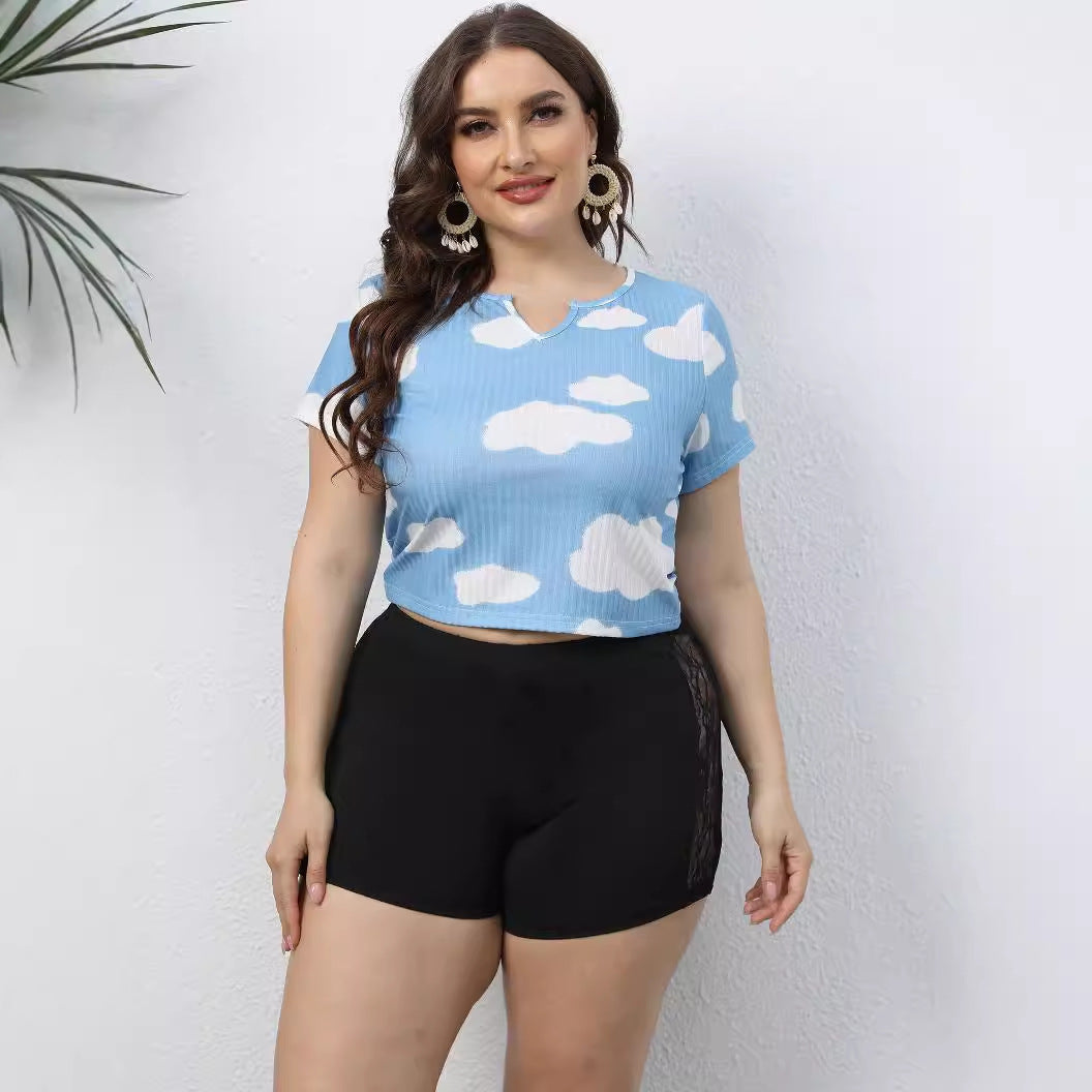 Damen lässiges Cropped T-Shirt mit Wolkenmuster R&B