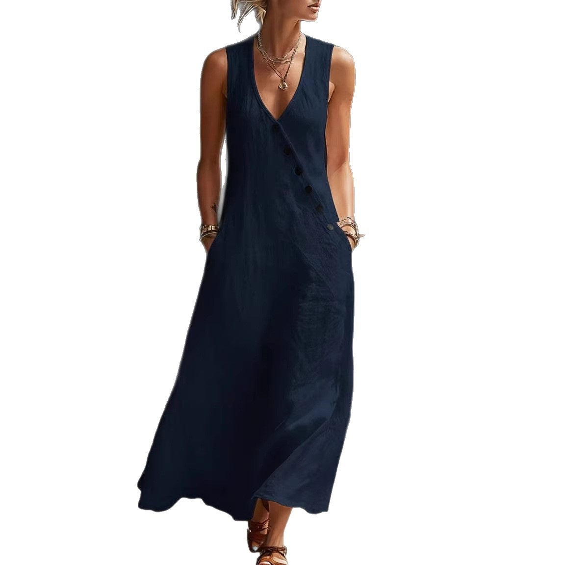 Damen Langarmkleid mit seitlichem Schlitz und Knopfdetails R&B