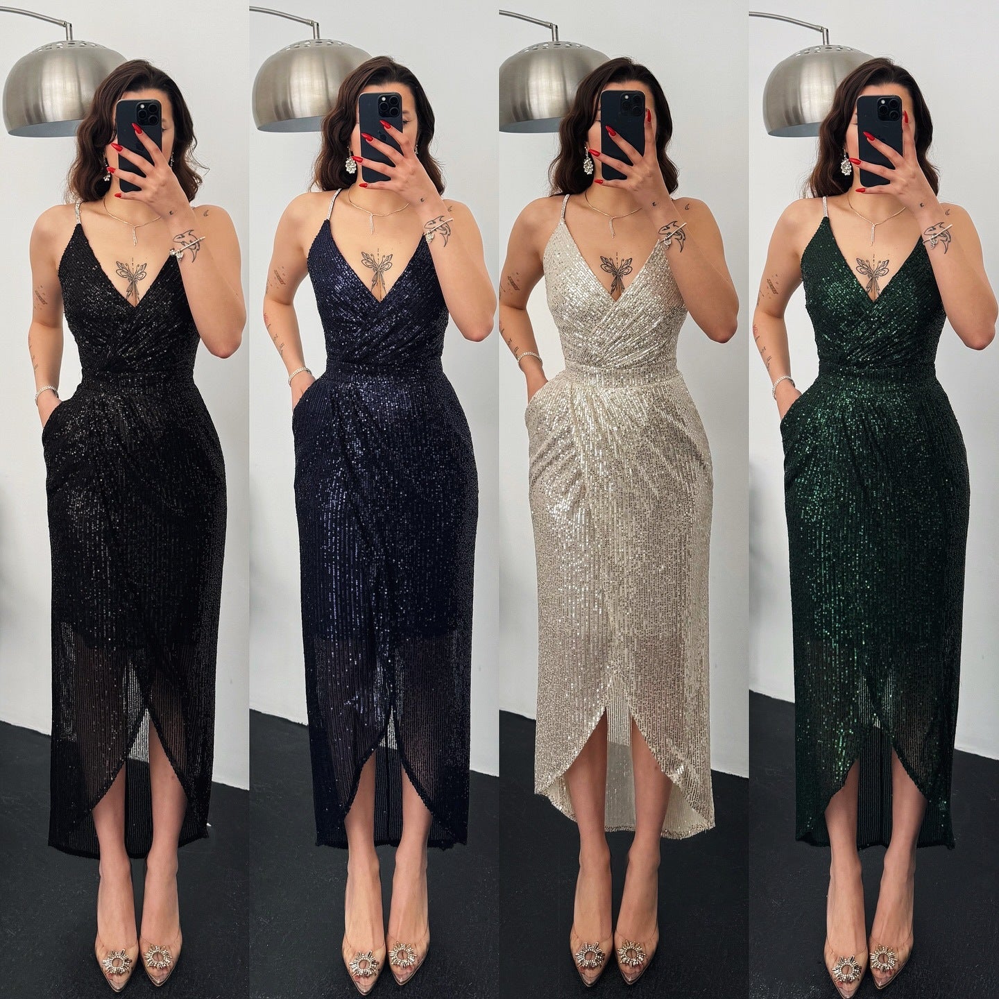 Damen Elegant Funktionskleid mit schimmerndem Paillettenstoff und tiefem V-Ausschnitt R&B