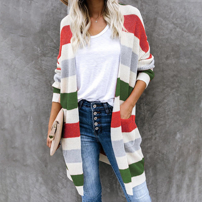 Damen lässige Strickjacke mit modischem Streifenmuster und praktischen Taschen R&B